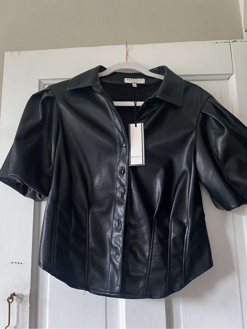 bagatelle Black Faux Leather Button-Front Top